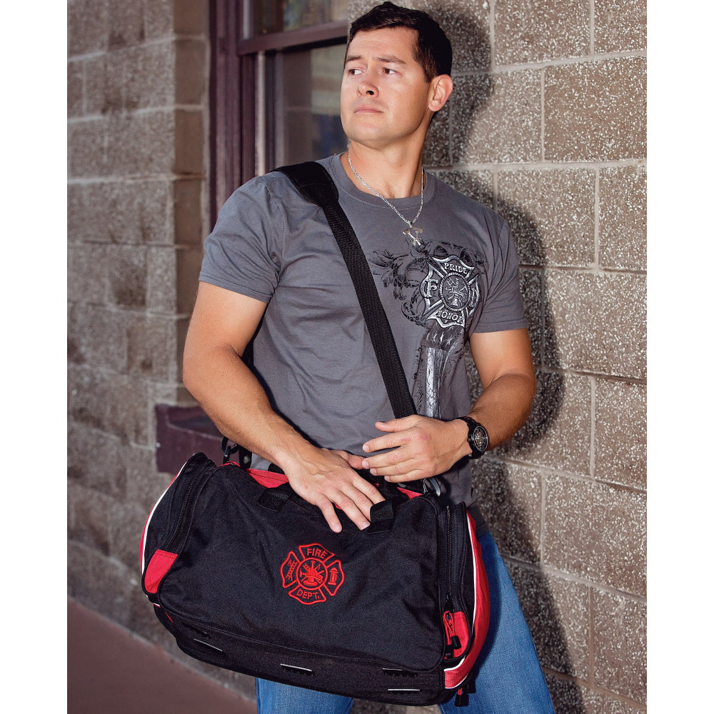 Firefighters over night duffel bag