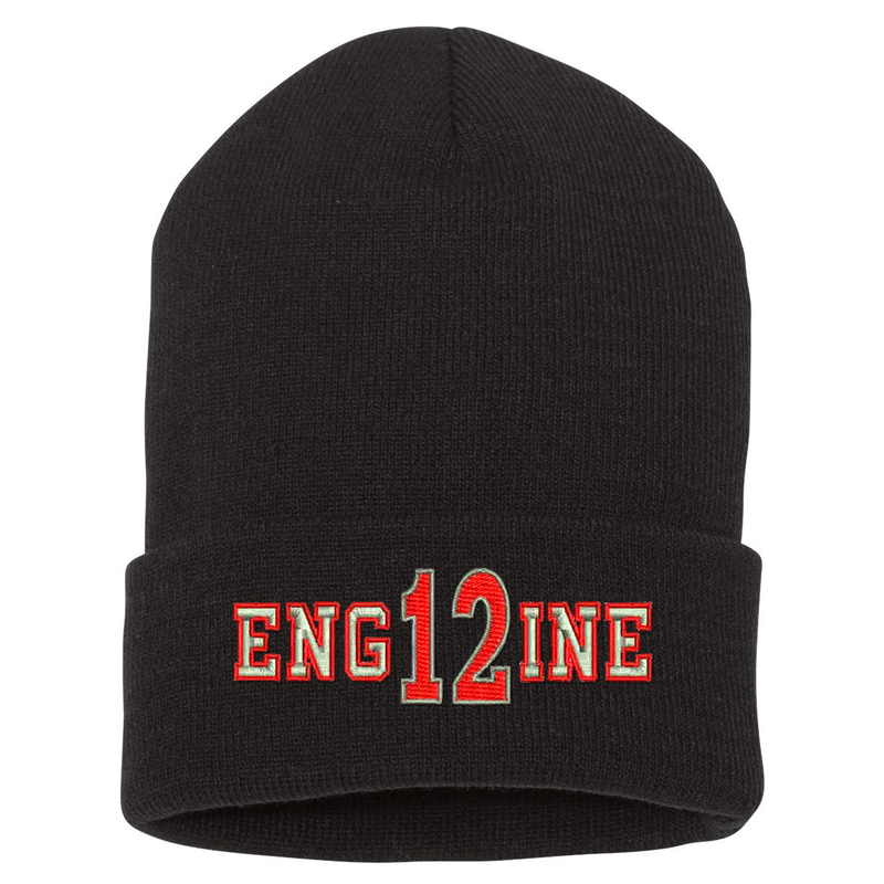 Custom embroidered cuffed Beanie.  The word ENGINE is embroidered in silver thread with a red outline and your custom number/text up to 3 characters embroidered in red with silver outline. Color black.