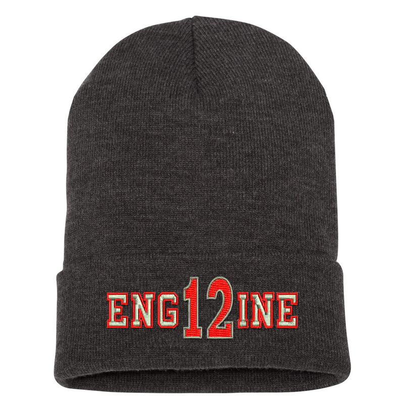 Custom embroidered cuffed Beanie.  The word ENGINE is embroidered in silver thread with a red outline and your custom number/text up to 3 characters embroidered in red with silver outline. Color dark grey.