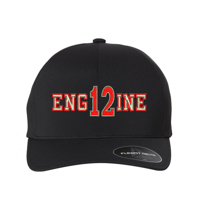 Personalized Delta Flexfit hat. Add your truck number to the cap.  Embroidered text, ENGINE, is silver outlined in red.  Hat color black.