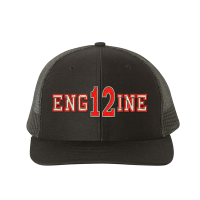 Personalized Richardson hat . The word ENGINE is embroidered in silver thread with a red outline and your custom number/text up to 3 characters embroidered in red with silver outline. Color black.