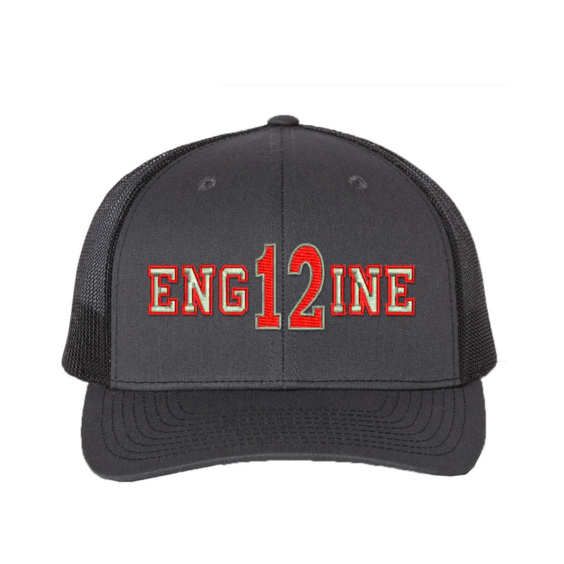 Personalized Richardson hat . The word ENGINE is embroidered in silver thread with a red outline and your custom number/text up to 3 characters embroidered in red with silver outline. Color charcoal/black..