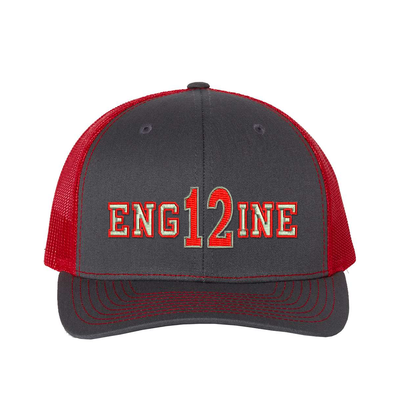 Personalized Richardson hat . The word ENGINE is embroidered in silver thread with a red outline and your custom number/text up to 3 characters embroidered in red with silver outline. Color charcoal/red..
