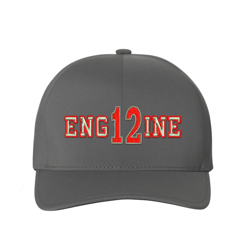 Personalized Delta Flexfit hat. Add your truck number to the cap.  Embroidered text, ENGINE, is silver outlined in red.  Hat color grey.