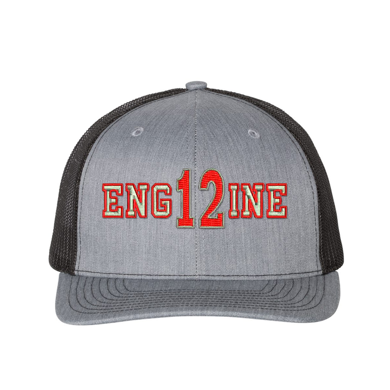 Personalized Richardson hat . The word ENGINE is embroidered in silver thread with a red outline and your custom number/text up to 3 characters embroidered in red with silver outline. Color grey/black.