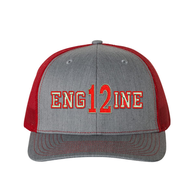 Personalized Richardson hat . The word ENGINE is embroidered in silver thread with a red outline and your custom number/text up to 3 characters embroidered in red with silver outline. Color grey/red.
