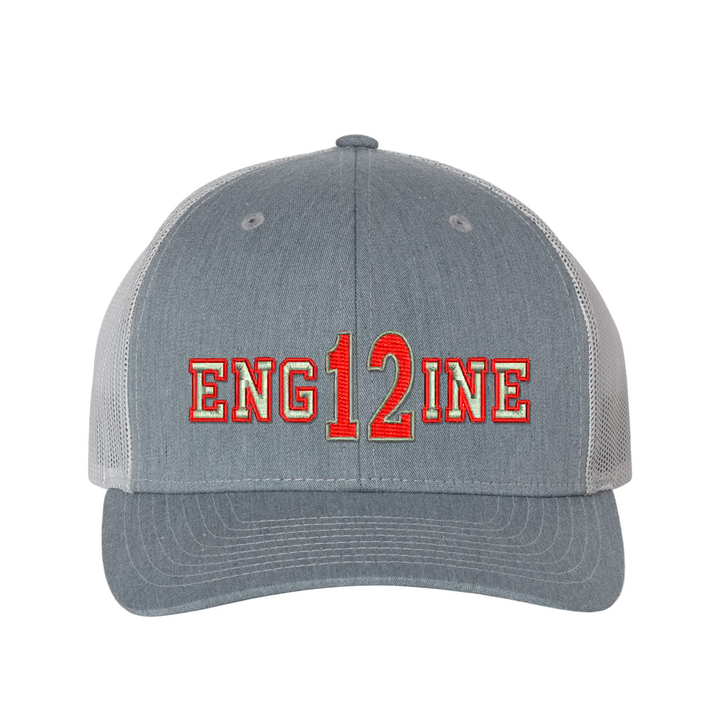 Personalized Richardson hat . The word ENGINE is embroidered in silver thread with a red outline and your custom number/text up to 3 characters embroidered in red with silver outline. Color heather grey/light grey..