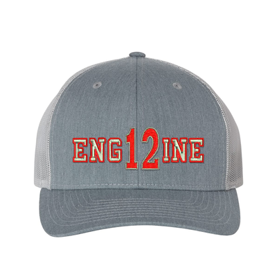 Personalized Richardson hat . The word ENGINE is embroidered in silver thread with a red outline and your custom number/text up to 3 characters embroidered in red with silver outline. Color heather grey/light grey..