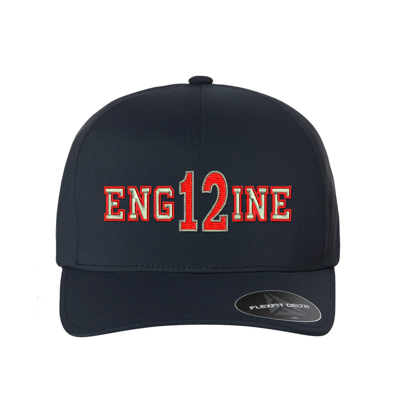 Personalized Delta Flexfit hat. Add your truck number to the cap.  Embroidered text, ENGINE, is silver outlined in red.  Hat color navy.