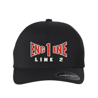 Engine company personalized Delta Flexfit hat . Add your truck number to the cap.  Embroidered text, Engine, and the option of a second line below the main text.   Hat color black.