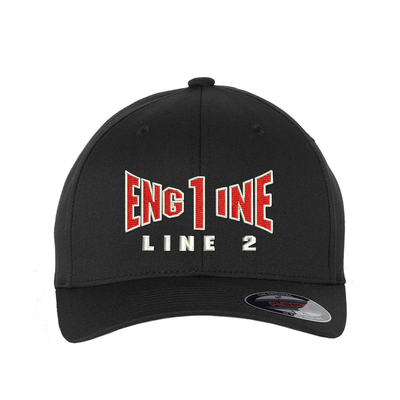 Engine company personalizedFlexfit hat . Add your truck number to the cap.  Embroidered text, Engine, and the option of a second line below the main text.   Hat color black.