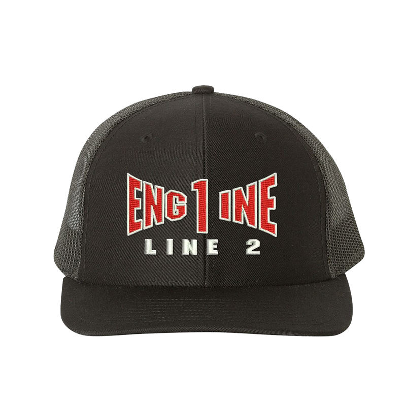 Engine company personalized Richardson Truck hat . Add your truck number to the cap. Embroidered text, Engine, and the option of a second line below the main text. Hat color black/black.