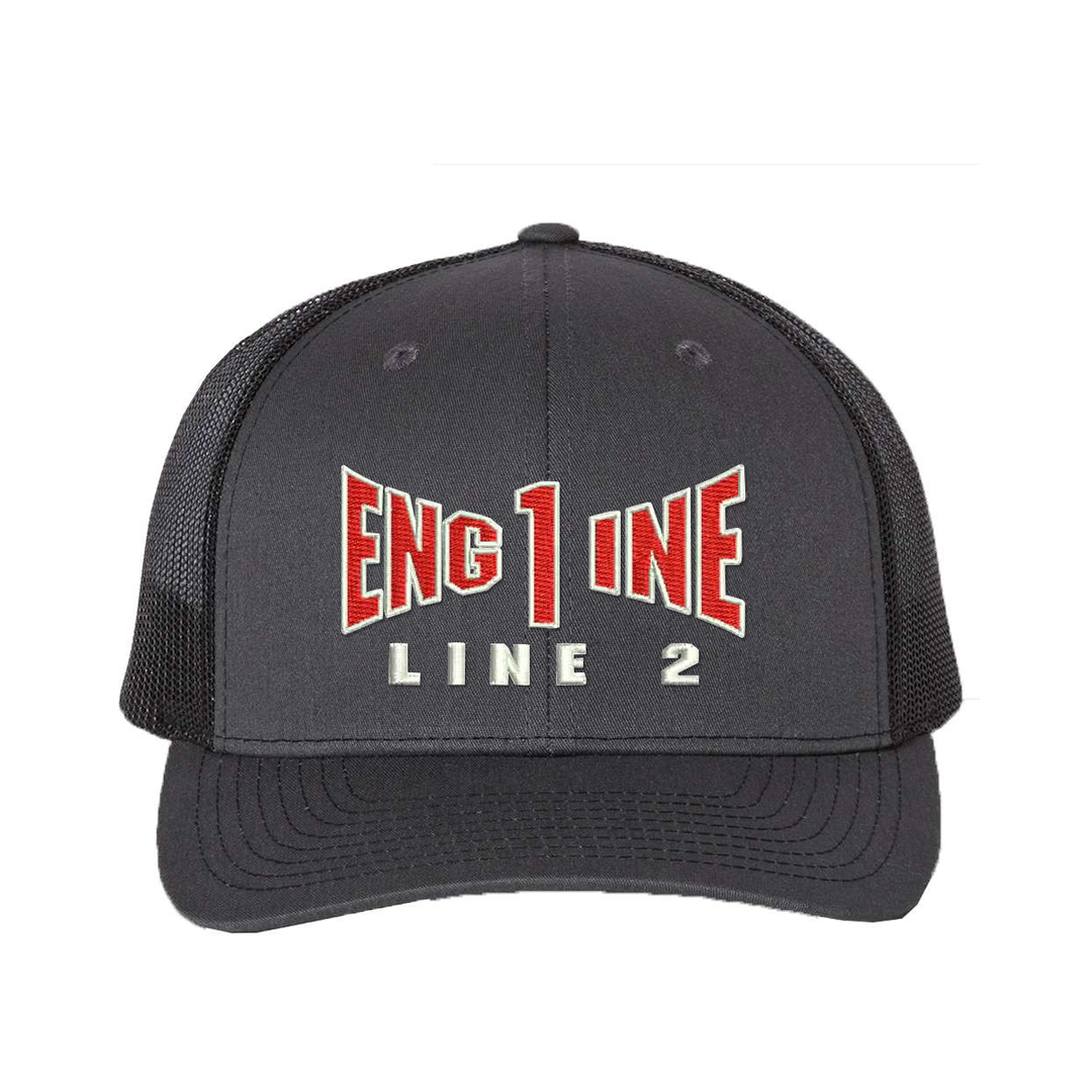 Engine company personalized Richardson Truck hat . Add your truck number to the cap. Embroidered text, Engine, and the option of a second line below the main text. Hat color black/black.