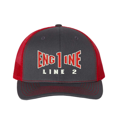 Engine company personalized Richardson Truck hat . Add your truck number to the cap. Embroidered text, Engine, and the option of a second line below the main text. Hat color charcoal/red.