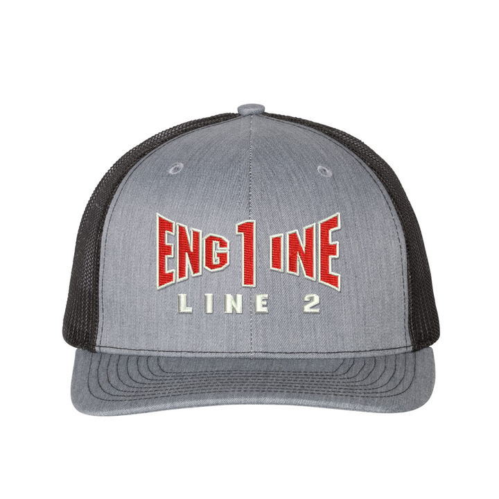 Engine company personalized Richardson Truck hat . Add your truck number to the cap. Embroidered text, Engine, and the option of a second line below the main text.. Hat color grey/black.