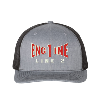 Engine company personalized Richardson Truck hat . Add your truck number to the cap. Embroidered text, Engine, and the option of a second line below the main text.. Hat color grey/black.