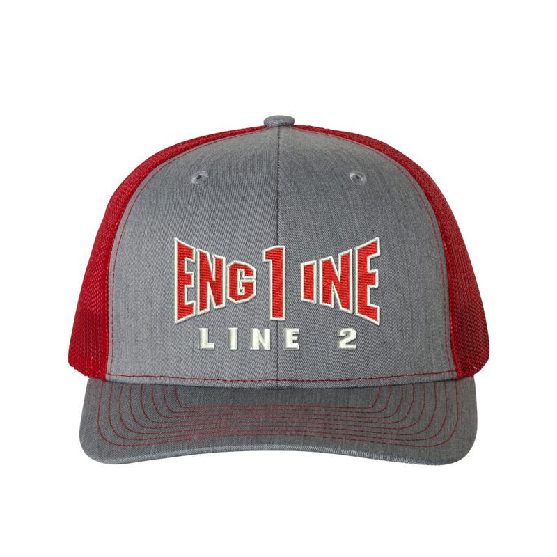 Engine company personalized Richardson Truck hat . Add your truck number to the cap. Embroidered text, Engine, and the option of a second line below the main text. Hat color grey/red.