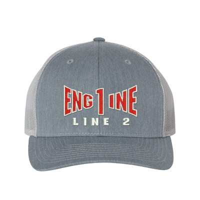 Engine company personalized Richardson Truck hat . Add your truck number to the cap. Embroidered text, Engine, and the option of a second line below the main text. Hat color heather grey/light grey..