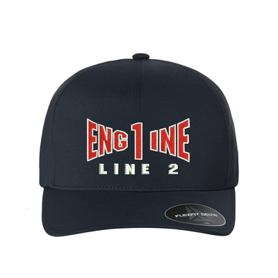 Engine company personalized Delta Flexfit hat . Add your truck number to the cap.  Embroidered text, Engine, and the option of a second line below the main text.   Hat color navy.