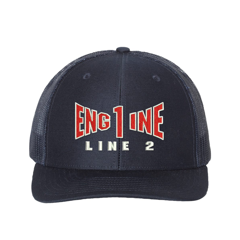  Engine company personalized Richardson Truck hat . Add your truck number to the cap. Embroidered text, Engine, and the option of a second line below the main text. Hat color navy/navy.
