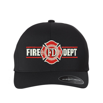Fire Dept. Maltese Embroidered  Delta Flexfit hat. Maltese is red with white outline, centered between the words, Fire Dept. Cap Color Black.
