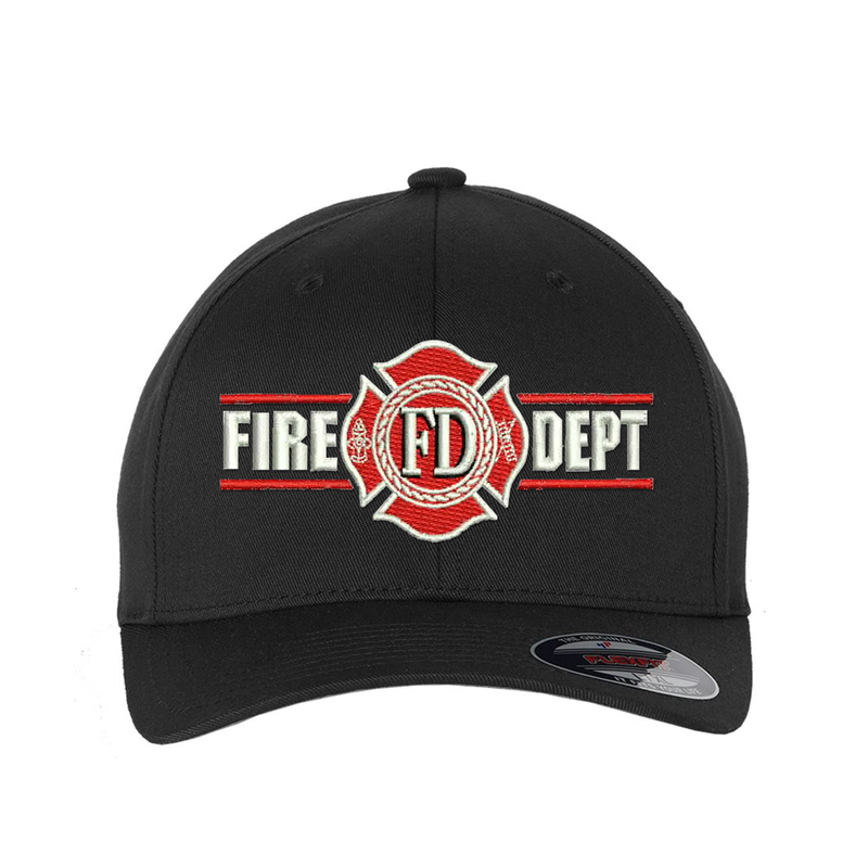 Fire Dept. Maltese Embroidered Flexfit hat. Maltese is red with white outline, centered between the words, Fire Dept. Cap Color Black.