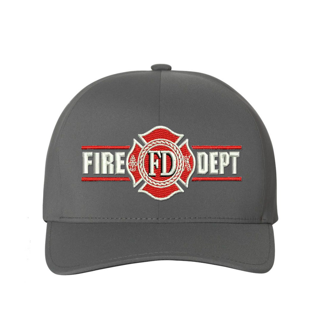 Fire Dept. Maltese Embroidered  Delta Flexfit hat. Maltese is red with white outline, centered between the words, Fire Dept. Cap Color Grey.