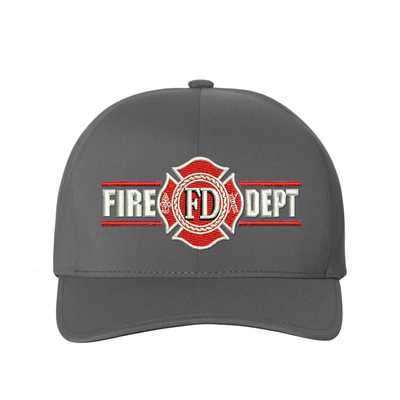 Fire Dept. Maltese Embroidered  Delta Flexfit hat. Maltese is red with white outline, centered between the words, Fire Dept. Cap Color Grey.