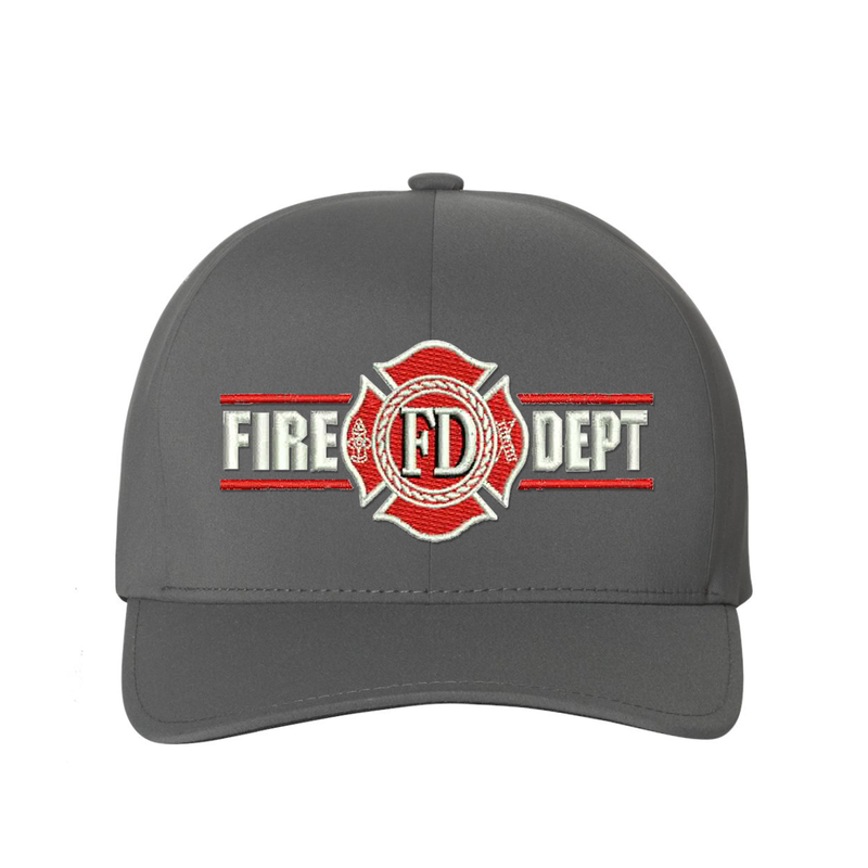 Fire Dept. Maltese Embroidered  Delta Flexfit hat. Maltese is red with white outline, centered between the words, Fire Dept. Cap Color Grey.