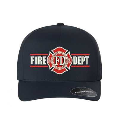 Fire Dept. Maltese Embroidered  Delta Flexfit hat. Maltese is red with white outline, centered between the words, Fire Dept. Cap Color Navy.