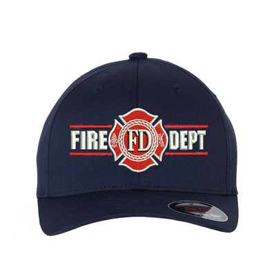 Fire Dept. Maltese Embroidered Flexfit hat. Maltese is red with white outline, centered between the words, Fire Dept. Cap Color Navy..