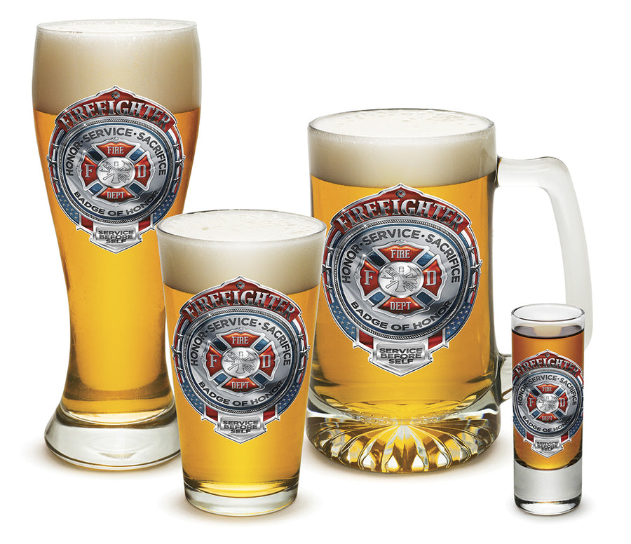 Fire Honor Service Sacrifice Chrome Badge Glassware Gift Set