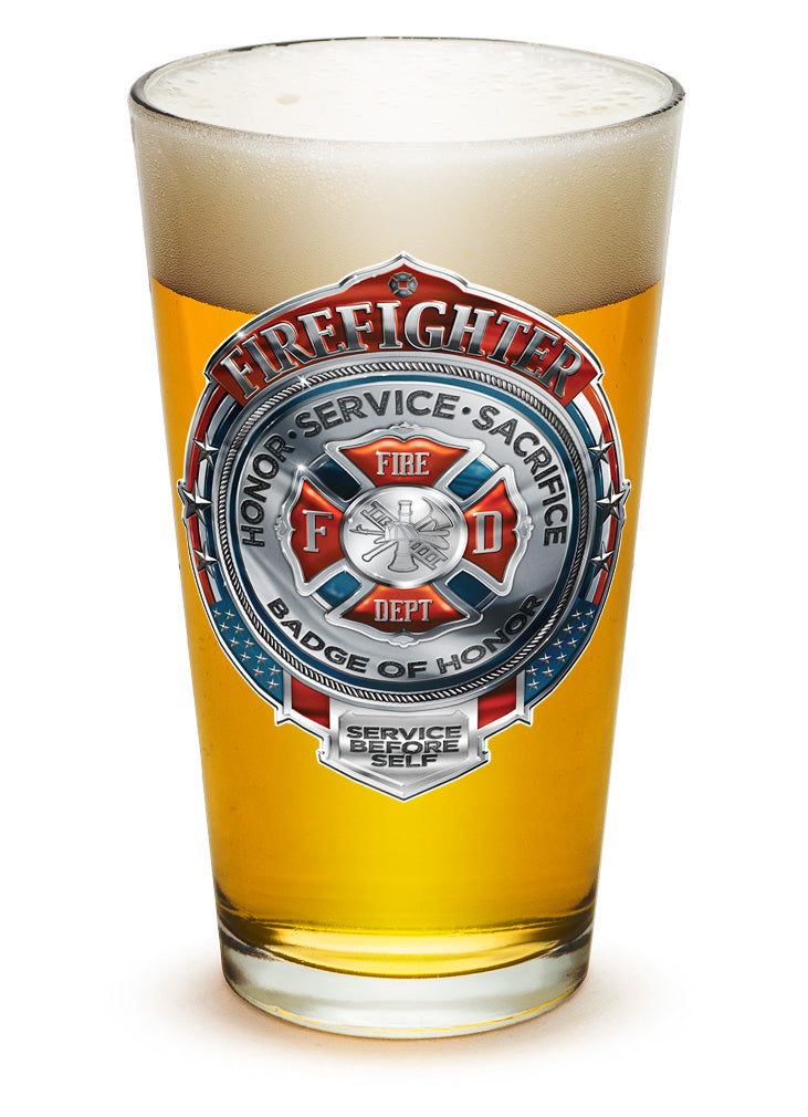 Fire Honor Service Sacrifice Chrome Badge Pint Glass