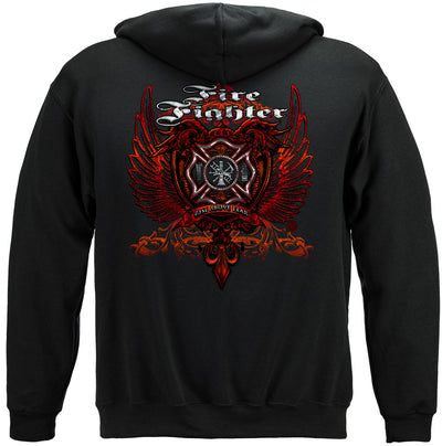 Firefighter Red Wings Rise Above Fear Silver Foil Hooded Sweat Shirt