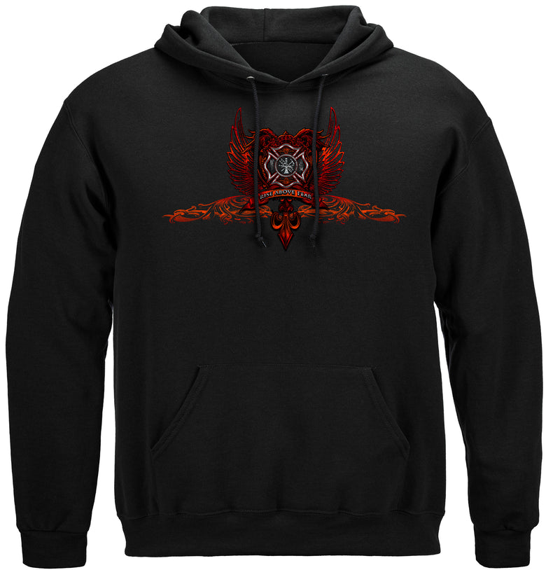 Firefighter Red Wings Rise Above Fear Silver Foil Hooded Sweat Shirt