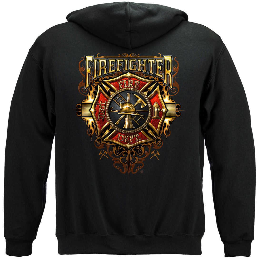 Firefighter Flames Gold Shield Hooded Sweatshirt