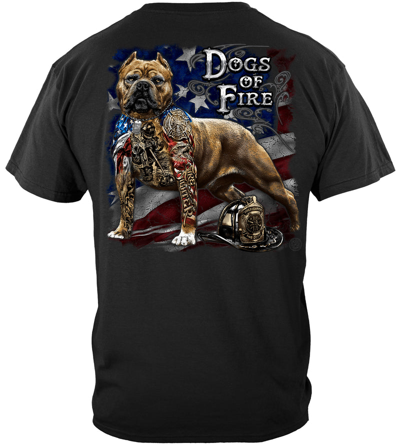 Firefighter Pit Bull Dog Tattoo American Flag T-SHIRT