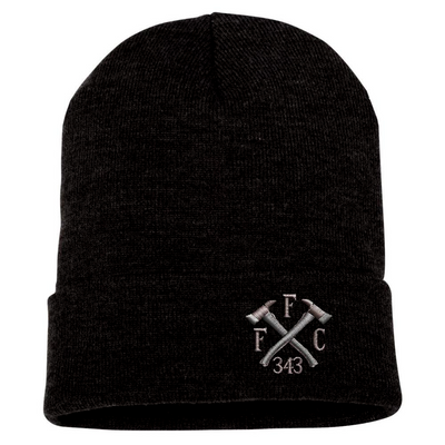 Embroidered cuffed Beanie, FFC 343 crossed axe design is embroidered in the center of the cuff. Hat color black.