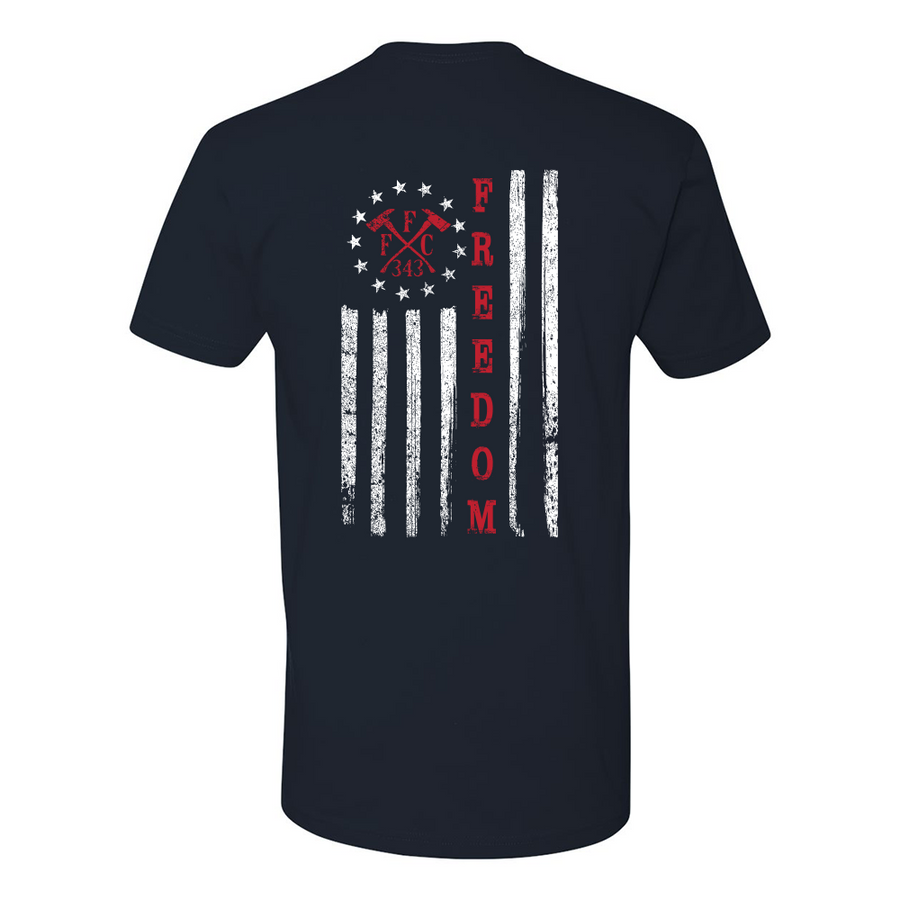 Firefighter t-shirt with USA flag and "FREEDOM" in red on the back.