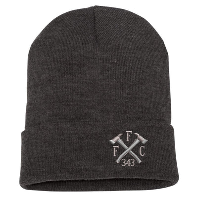 Embroidered cuffed Beanie, FFC 343 crossed axe design is embroidered in the center of the cuff. Hat color grey.