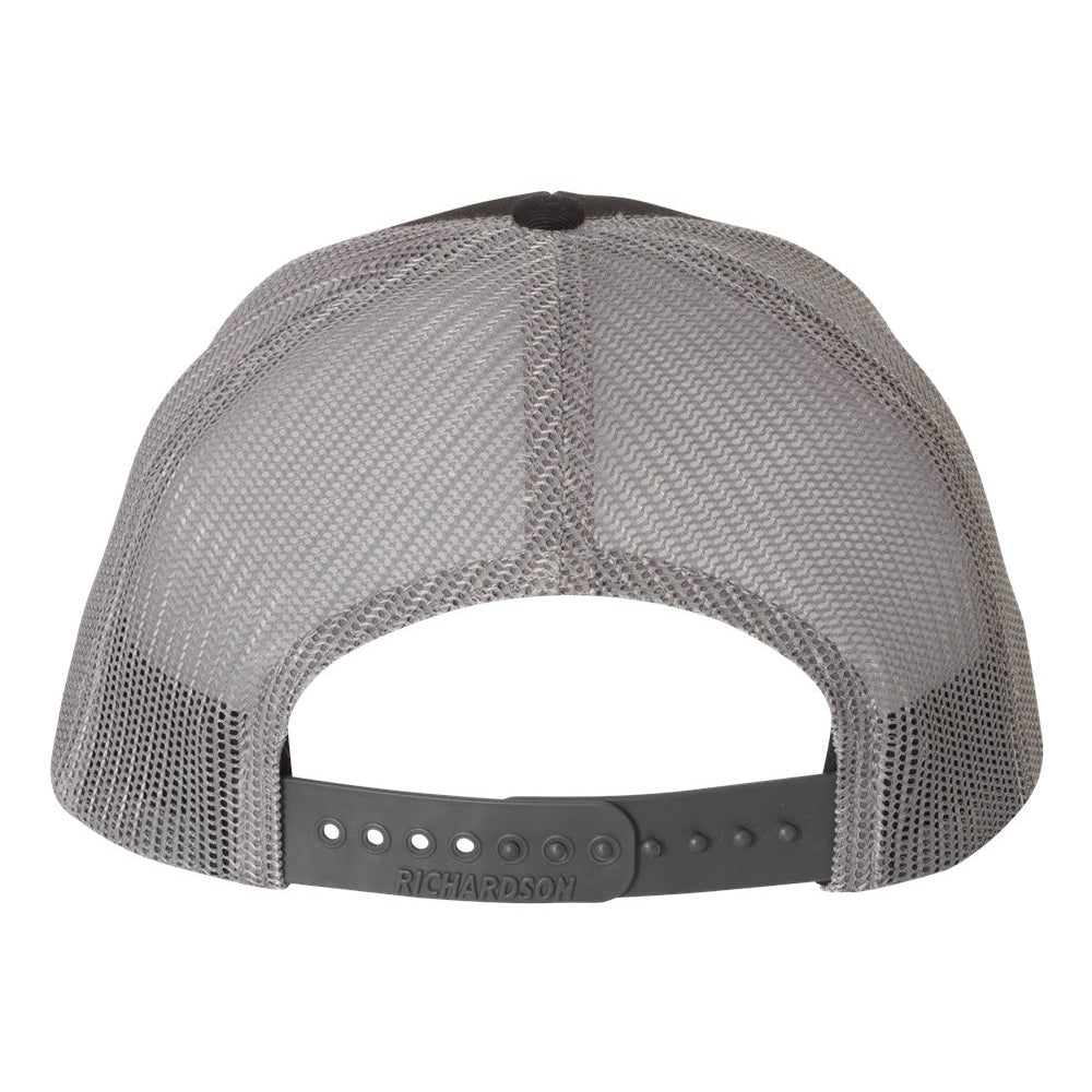 Back view of the Richardson hat shows the mesh back panels with the adjustable plastic snapback.