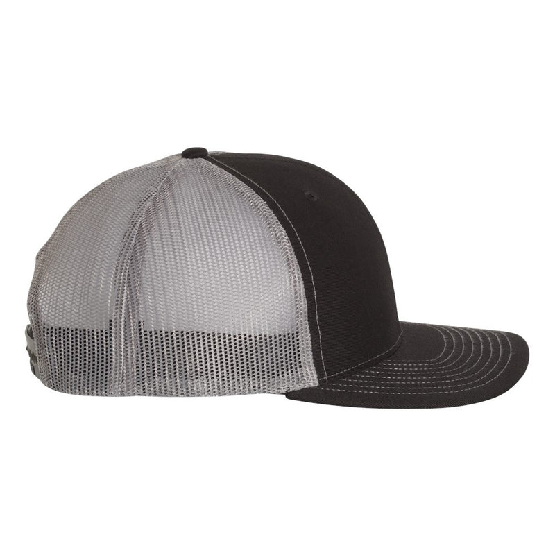 Side view of the Richardson hat shows a solid front panel and brim with mesh back panels.
