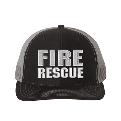 Fire Rescue Richardson Trucker hat.  Embroidered text is white. Hat color black/charcoal.