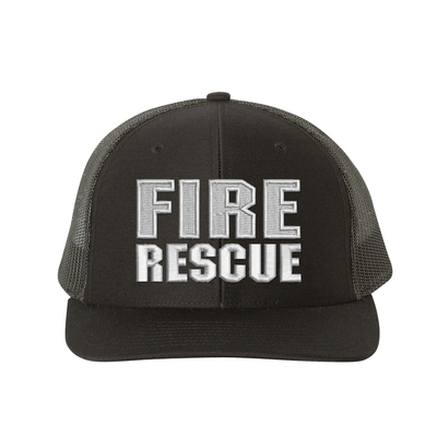 Fire Rescue Richardson Trucker hat.  Embroidered text is white. Hat color black.