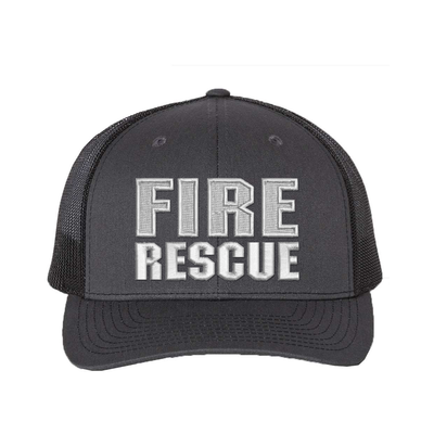 Fire Rescue Richardson Trucker hat.  Embroidered text is white. Hat color charcoal/black.
