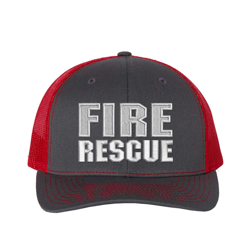 Fire Rescue Richardson Trucker hat.  Embroidered text is white. Hat color charcoal/red.