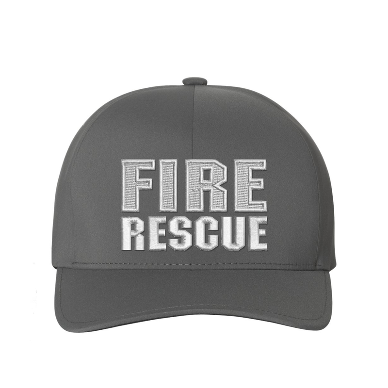 Fire Rescue Delta Flexfit hat.  Hat color grey. Text is white.