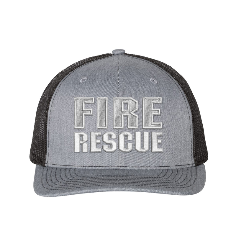 Fire Rescue Richardson Trucker hat.  Embroidered text is white. Hat color grey/black.