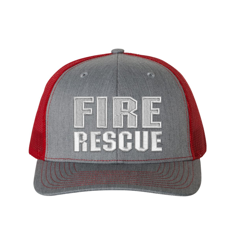 Fire Rescue Richardson Trucker hat.  Embroidered text is white. Hat color grey/red.