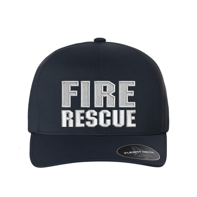 Fire Rescue Delta Flexfit hat.  Hat color navy. Text is white.